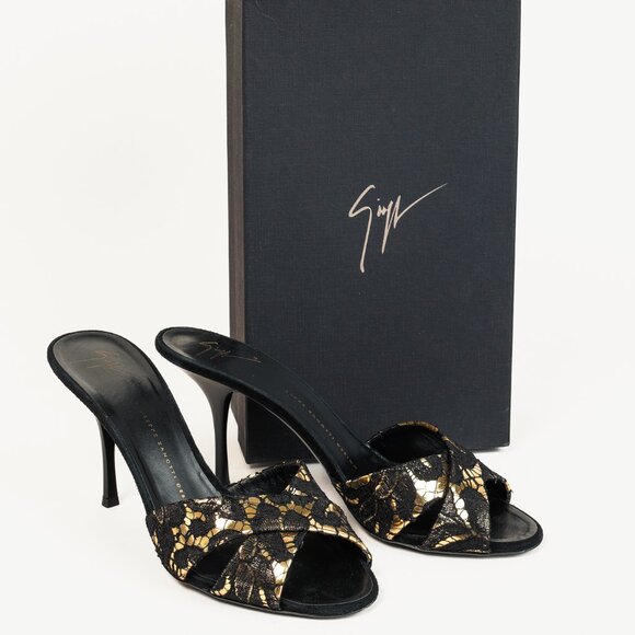 Giuseppe Zanotti Gold & Black Lace Crossover-Strap Mules - Picture 10 of 10